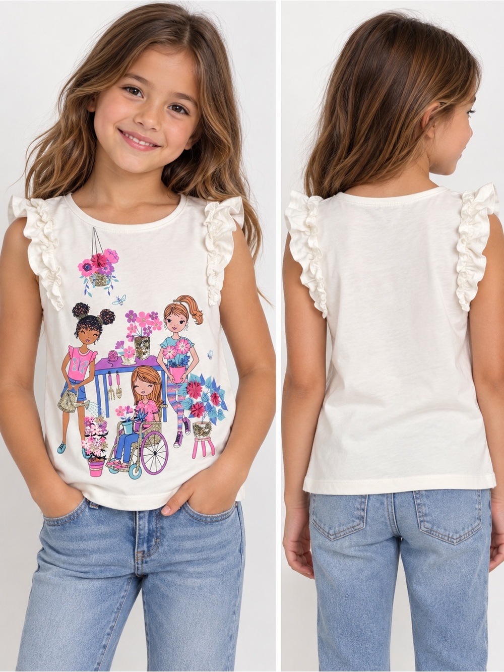 Isaac Mizrahi Girls Graphic Ruffle Sleeve Top Size 7/8